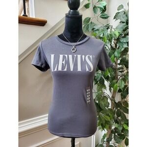 Levi's Women's Blue Cotton Round Neck Short Sleeve Logo Spell Out Shirt Size XXS